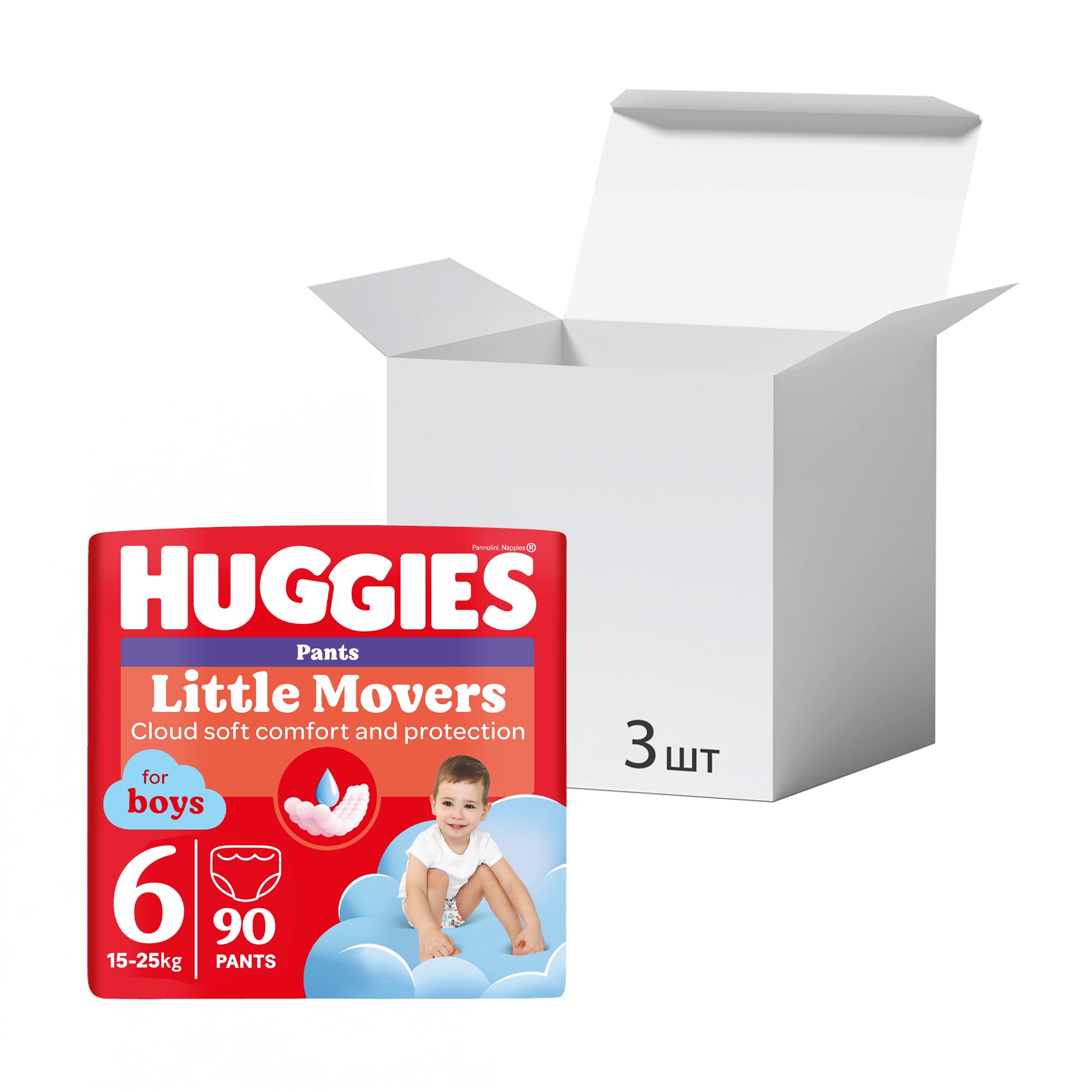Упаковка підгузків-трусиків Huggies Little Movers Pants для хлопчиків, розмір 6 (15-25 кг), 30 шт * 3 шт